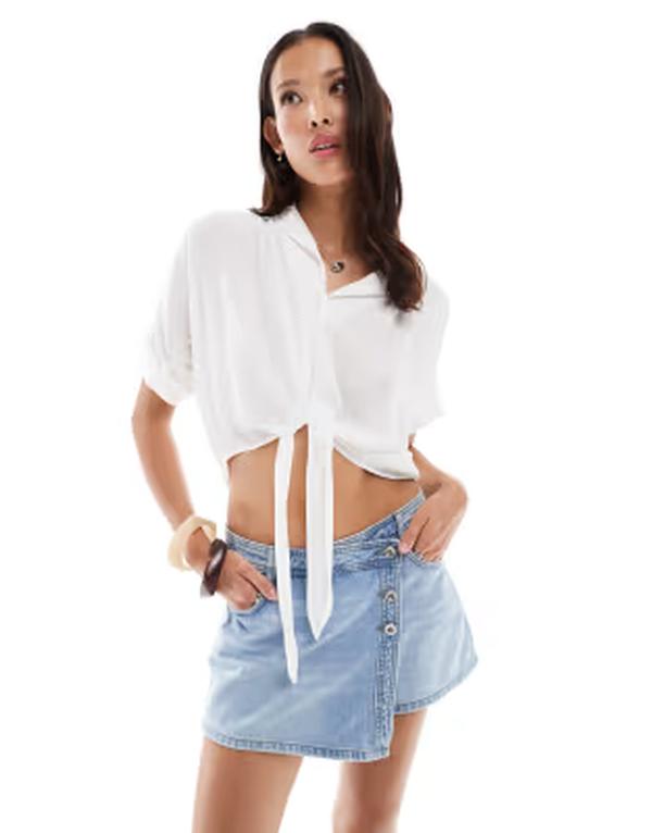 オンリー レディース トップス シャツ クロップド ONLY knot front cropped shirt White ホワイト