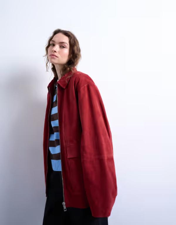 いの一番販売店 レディース アウター 上衣・上衣 スエードクロス Topshop real suede CF zip up jacket red 赤いこと