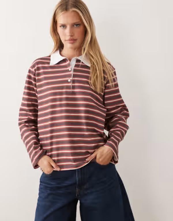 エイソス レディース トップス プルオーバー ASOS DESIGN long sleeve boxy rugby polo top and white stripes OLIVE GREEN 緑であること