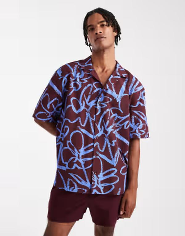 エイソス メンズ トップス プルオーバー 御花柄 刷り上げる 御花 ASOS DESIGN relaxed camp collar shirt with floral print - part of a set Burgundy バーガンディ