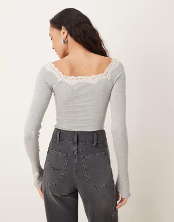 フリーピープル レディース トップス シャツ レーストリム レース Free People lace trim long sleeve top Gray グレー|ReVida 店