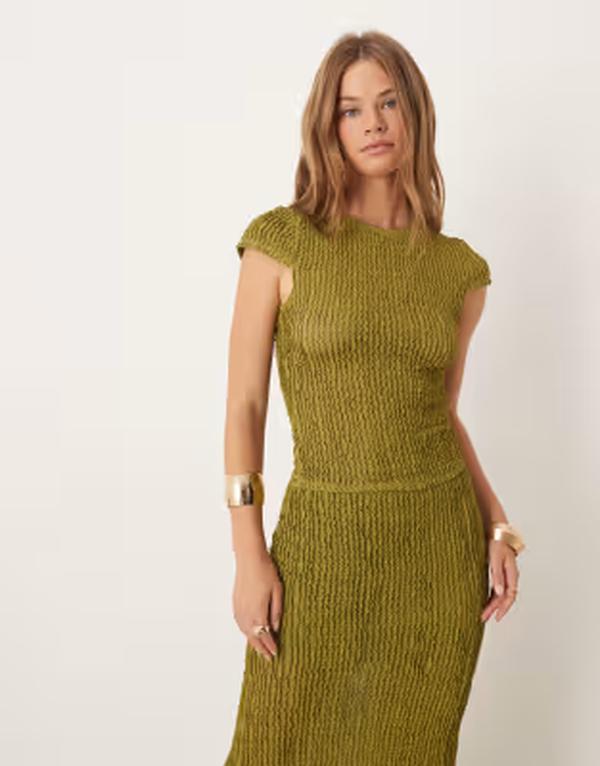 エイソス レディース トップス Tシャツ フリル ASOS DESIGN textured ruffle baby tee Green グリーン｜ReVida 店