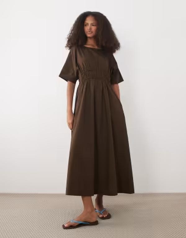 スリードベア レディース トップス ワンピース ミディ コットン Threadbare cotton poplin short sleeve midi dress in chocolate BROWN ブラウン|ReVida 店
