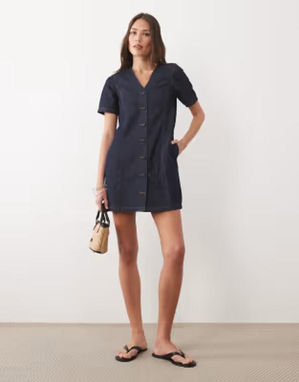 スリードベア レディース トップス 衣装 ミニ ジーンズ Threadbare denim short sleeve button up mini dress indigo NAVY 米国海軍