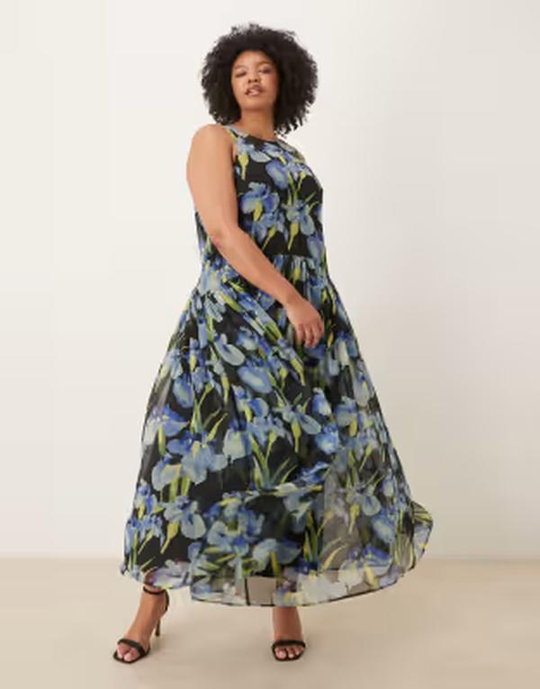 エイソス レディース トップス ワンピース フラワー柄 マキシ フラワー ASOS Curve ASOS DESIGN Curve racer neck smock maxi dress in dark based floral Dark based floral｜ReVida 店
