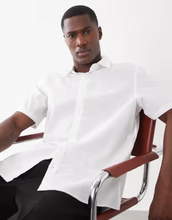 エイソス メンズ トップス シャツ レギュラーフィット リネン ASOS DESIGN regular fit smart linen blend shirt WHITE ホワイト｜ReVida 店
