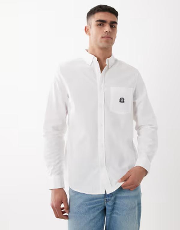 エイソス メンズ トップス プルオーバー レギュラー填まる オックスフォード ASOS DESIGN regular fit oxford shirt with chest embroidery WHITE 白いこと