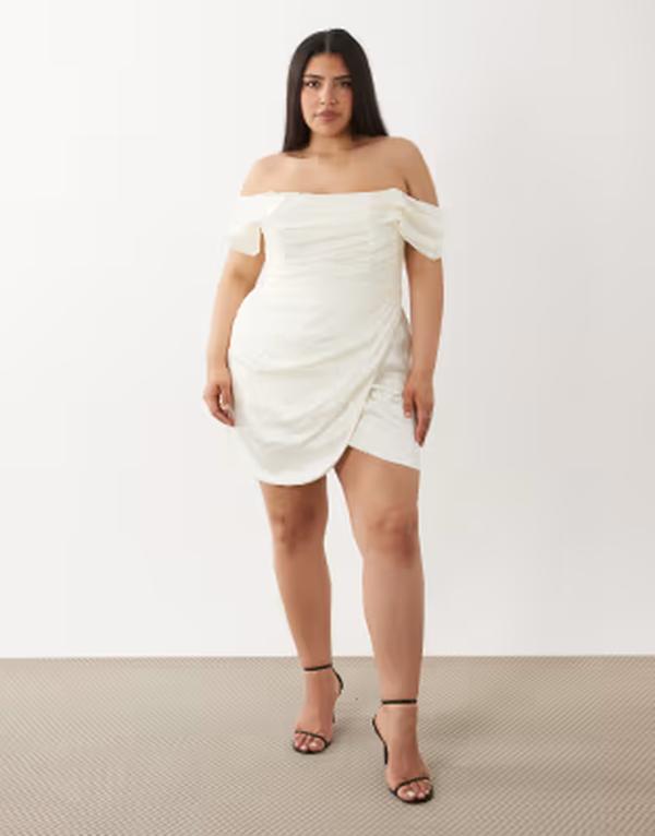 エイソス レディース トップス ワンピース ミニ サテン ASOS Curve ASOS DESIGN Curve satin off shoulder mini dress Ivory アイボリー｜ReVida 店