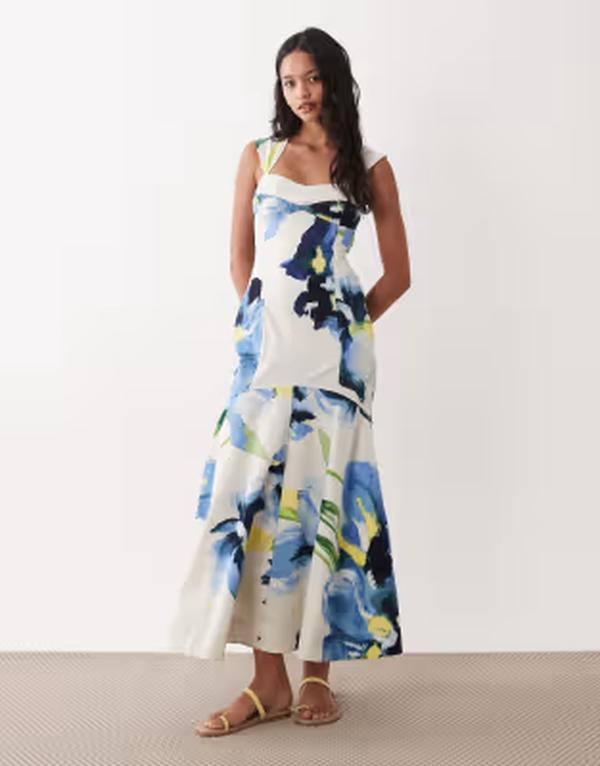エイソス レディース トップス 衣装 お花柄 刷り上げる マキシ お花 ASOS DESIGN dropped waist maxi dress with tie back abstract floral print Blue abstract floral 青色 ワンピース-レディースファッション