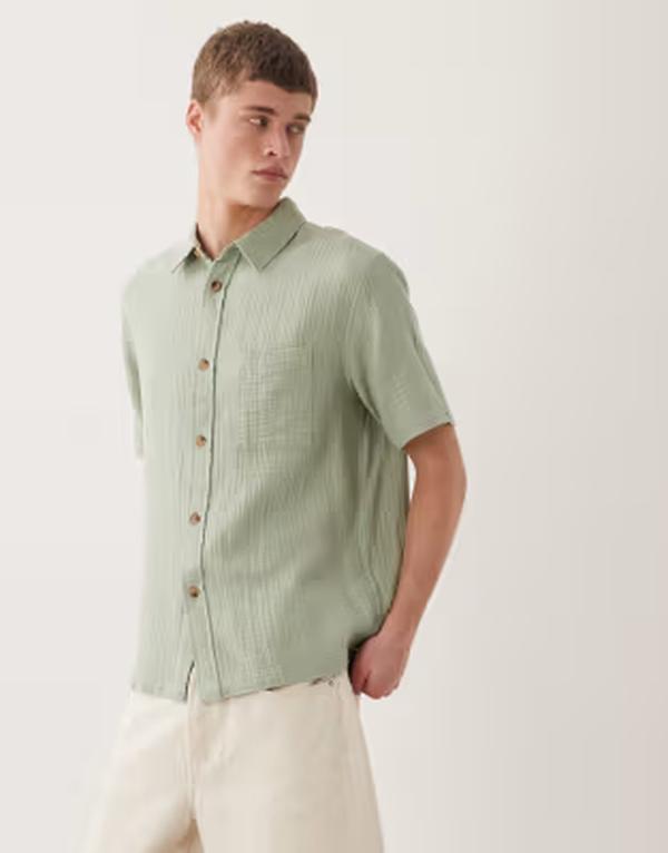 エイソス メンズ トップス プルオーバー ASOS DESIGN relaxed cheesecloth shirt インチ sage GREEN 緑であること