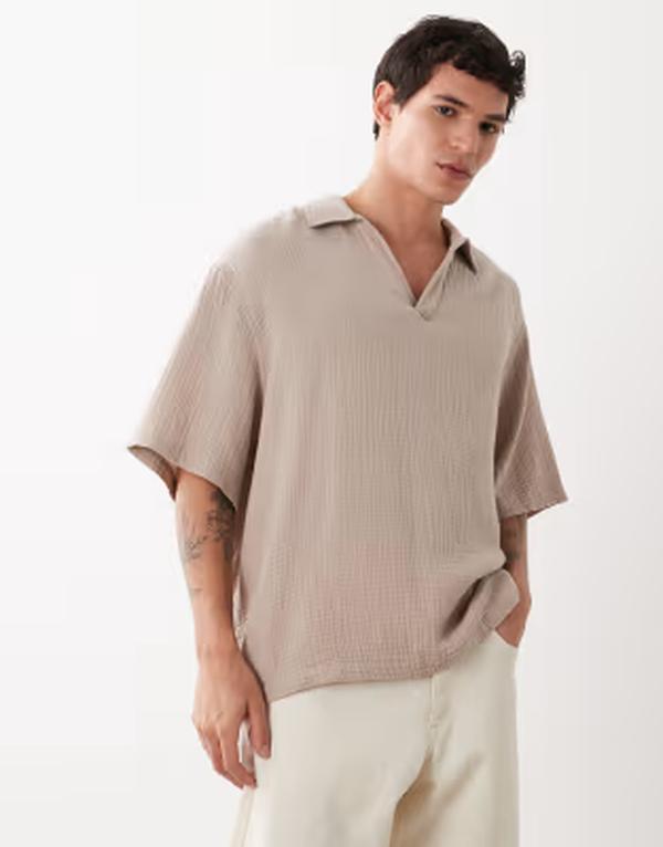 エイソス メンズ トップス プルオーバー ASOS DESIGN oversized overhead cheesecloth shirt BEIGE ベージュ