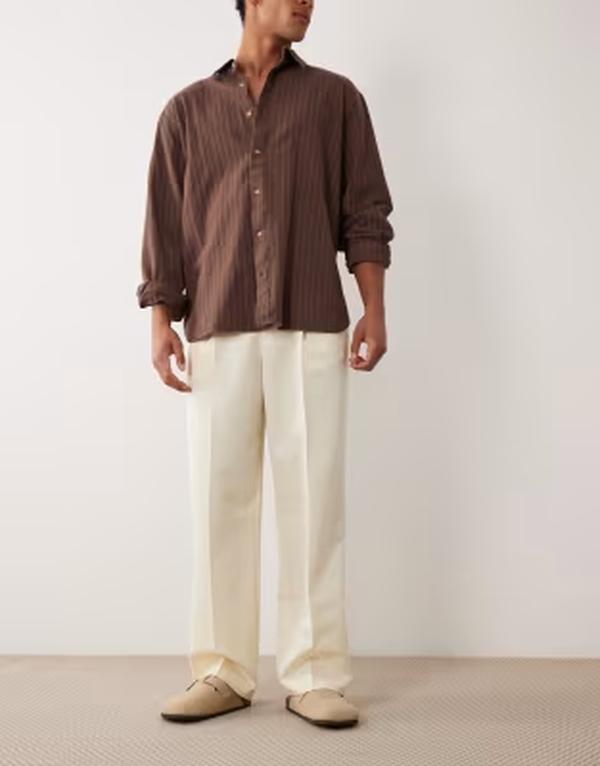 エイソス メンズ ボトムス 心地よいズボン下 ワイドレッグ 筋目 ASOS DESIGN pleated wide leg dress pants インチ butter yellow Buttermilk 黄色