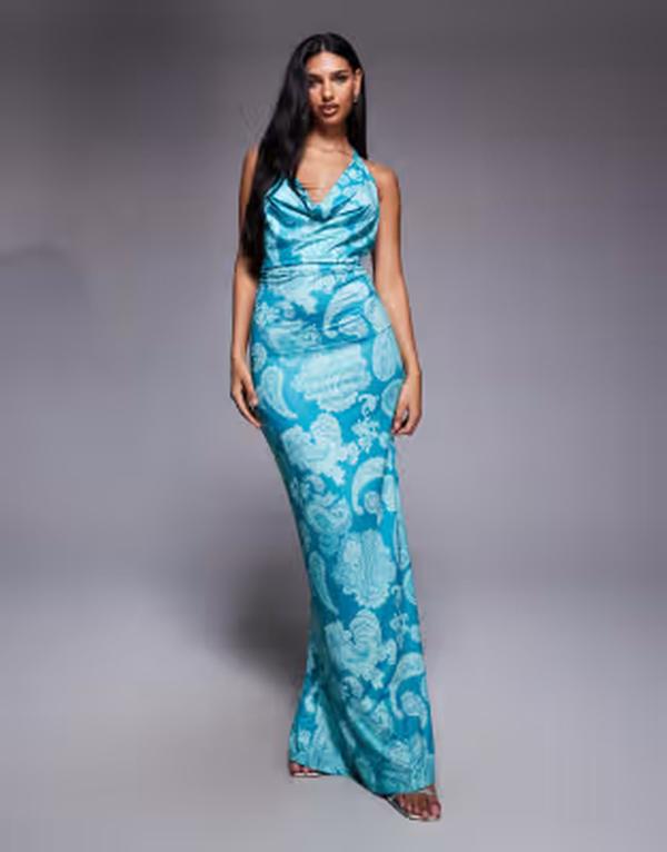 サウス砂浜 レディース トップス 衣装 刷り上げる マキシ ホルター South Beachalterneck beach maxi dress paisley print BLUE 青色 ワンピース-レディースファッション
