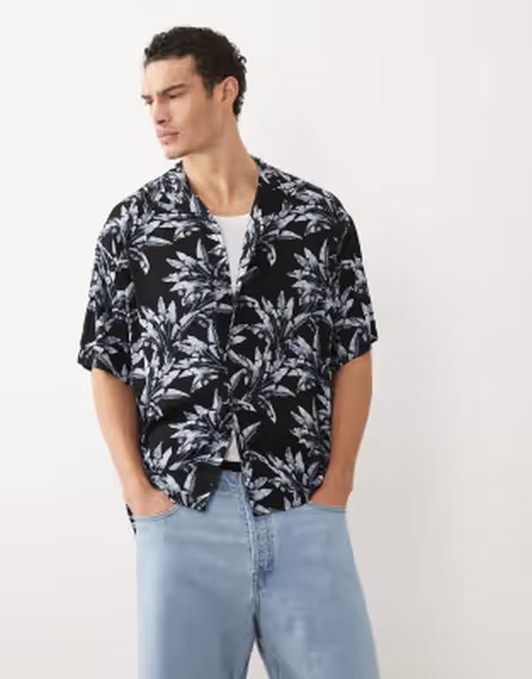 ジャック アンド ジョーンズ メンズ トップス シャツ プリント Jack & Jones camp collar shirt with palm print Celestial Blue ブルー｜ReVida 店