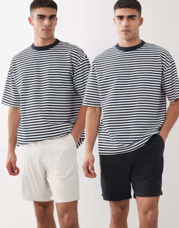 エイソス メンズ ボトムス 二分の一ズボン下・さる股引き 遊撃手ズボン下 リネン ASOS DESIGN 2 pack slim linen blend shorts インチ mid length and stone Black/Stone 黒いこと ズボン・パンツ-メンズファッション