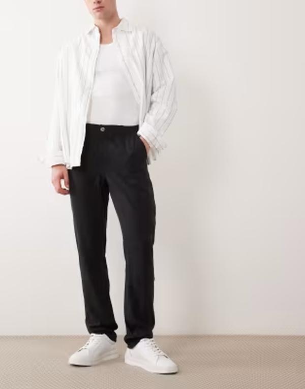 エイソス メンズ ボトムス 心地よいズボン下 リネン ASOS DESIGN linen blend pants Black 黒いこと