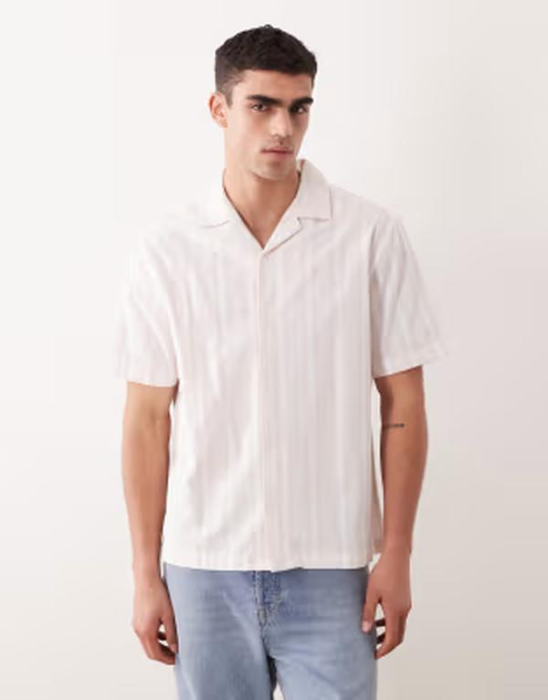 エイソス メンズ トップス プルオーバー リネン ASOS DESIGN relaxed linen look stripe shirt インチ light PINK サクラ色