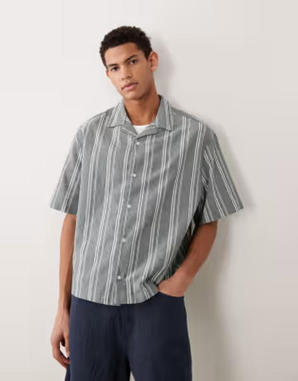 エイソス メンズ トップス プルオーバー リネン ASOS DESIGN boxy oversized linen look striped shirt インチ dark GREEN 緑であること