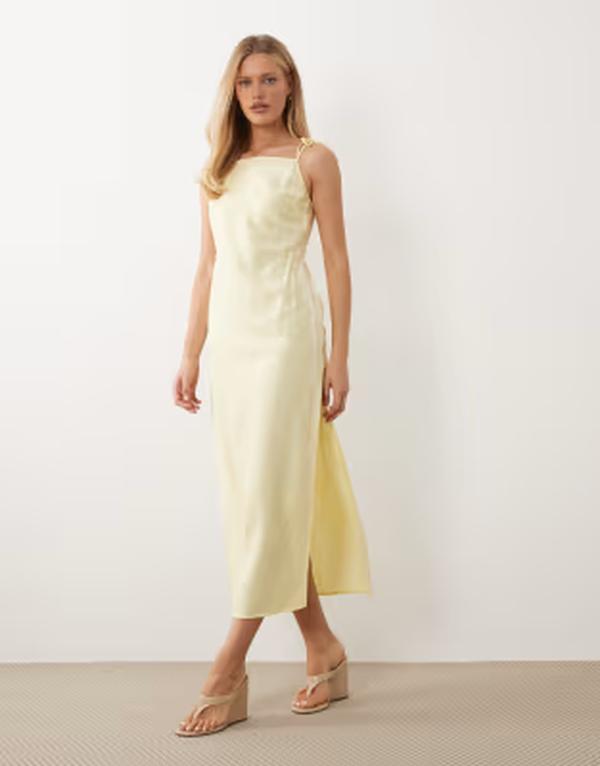 エイソス レディース トップス 衣装 繻子 スピード競技 マキシ ASOS DESIGN cami square neck crinkle satin lace detail maxi dress インチ lemon