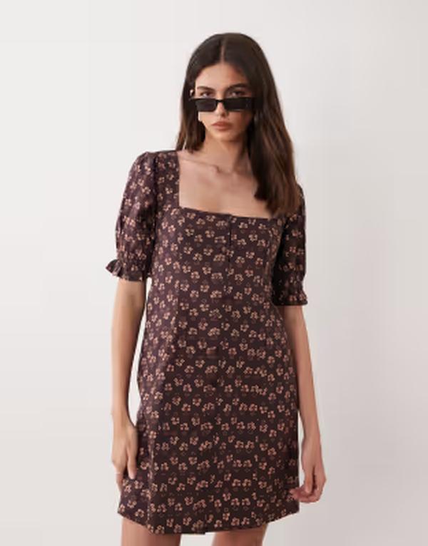 ミスセルフフリッジ レディース トップス ワンピース フラワー柄 プリント ミニ フラワー Misselfridge button front mini dress floral print Brown Floral ブラウン｜ReVida 店
