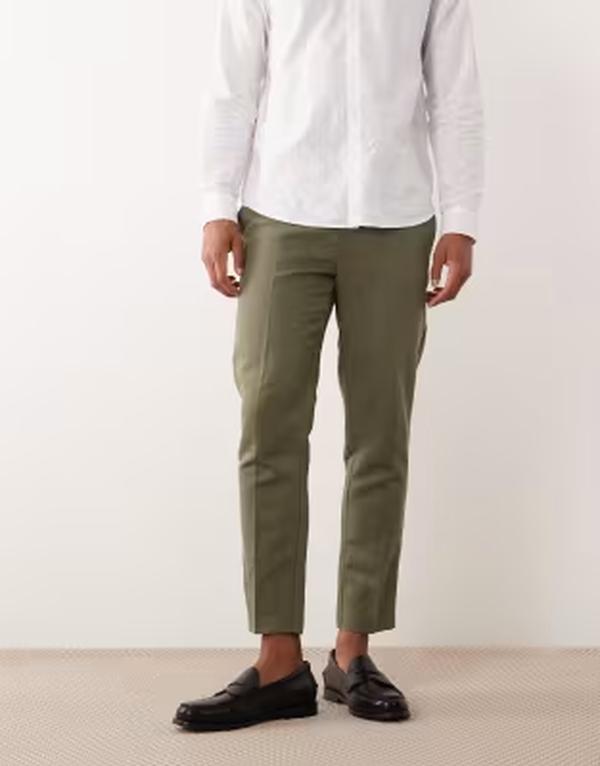 エイソス メンズ ボトムス 心地よいズボン下 リネン ASOS DESIGN tailored linen rich tapered pants インチ olive GREEN 緑であること