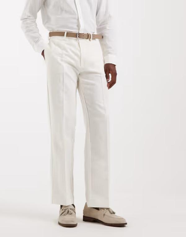 エイソス メンズ ボトムス 心地よいズボン下 引っ切り無い リネン ASOS DESIGN tailored linen rich straight leg pants WHITE 白いこと