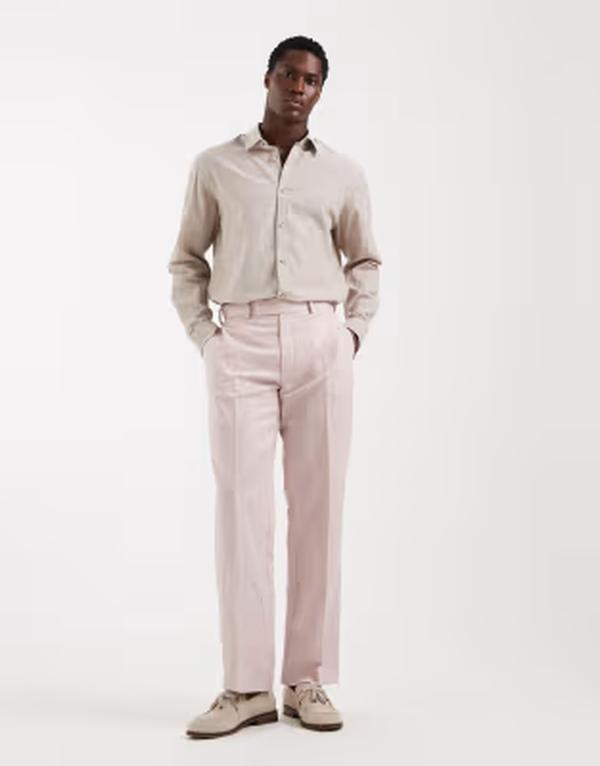 エイソス メンズ ボトムス 心地よいズボン下 引っ切り無い リネン ASOS DESIGN tailored linen rich straight leg pants インチ dusty pink サクラ色