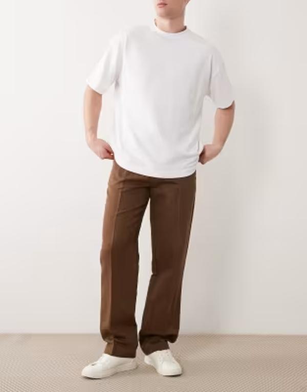 エイソス メンズ ボトムス 心地よいズボン下 引っ切り無い リネン ASOS DESIGN tailored linen rich straight leg pants インチ dark brown 赤銅色