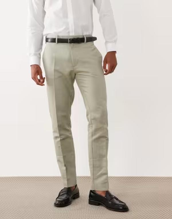 エイソス メンズ ボトムス 心地よいズボン下 リネン ASOS DESIGN tailored linen rich slim pants インチ sage GREEN 緑であること