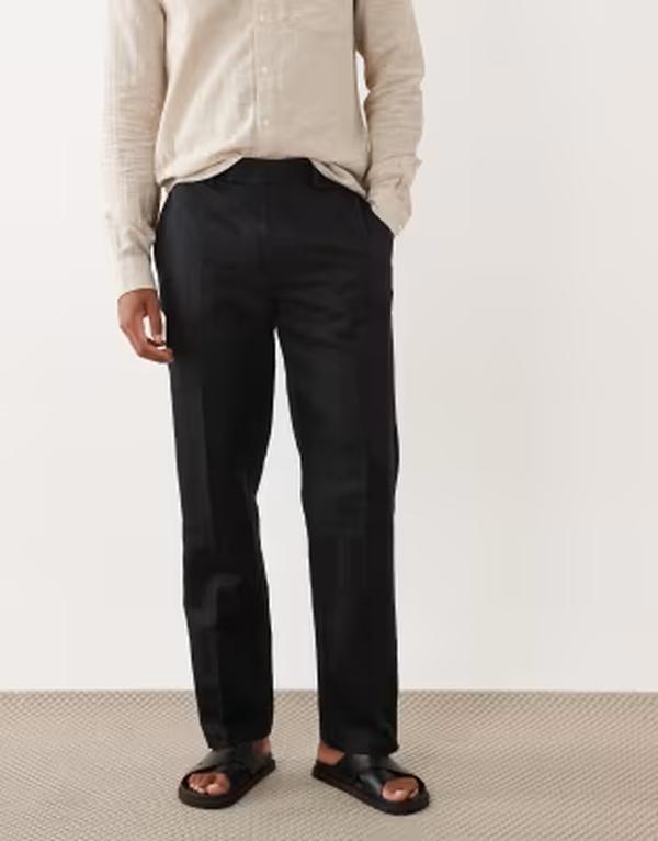 エイソス メンズ ボトムス 心地好いズボン下 引っ切り無い リネン ASOS DESIGN tailored linen rich straight leg pants Black 黒いこと