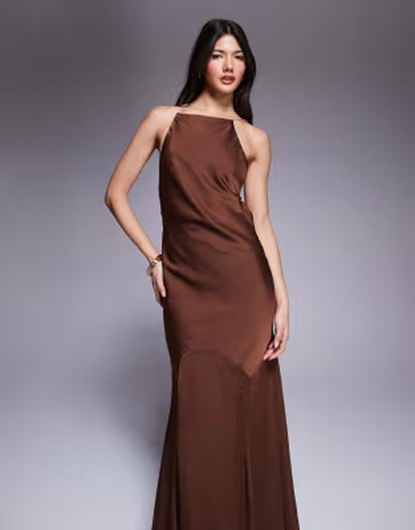 エイソス レディース トップス 衣装 ハイネック 繻子 マキシ ASOS DESIGN high neck satin bias fishtail maxi dress BROWN 赤銅色