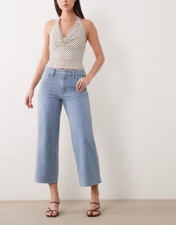 好ましいアメリカン レディース ボトムス ジーンズズボン下 クロップド デニム Good American jeanius cropped palazzo jeans インチ light blue wash Dark blue 青み
