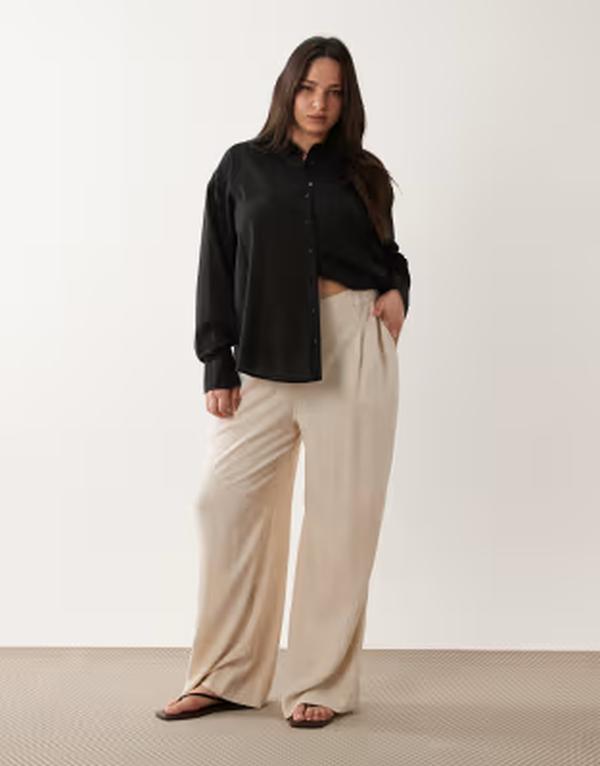 エイソス レディース ボトムス 心地好いズボン下 ワイドレッグ リネン ASOS Curve ASOS DESIGN Curve wide leg pants with pleat detail インチ linen blend inatural Natural