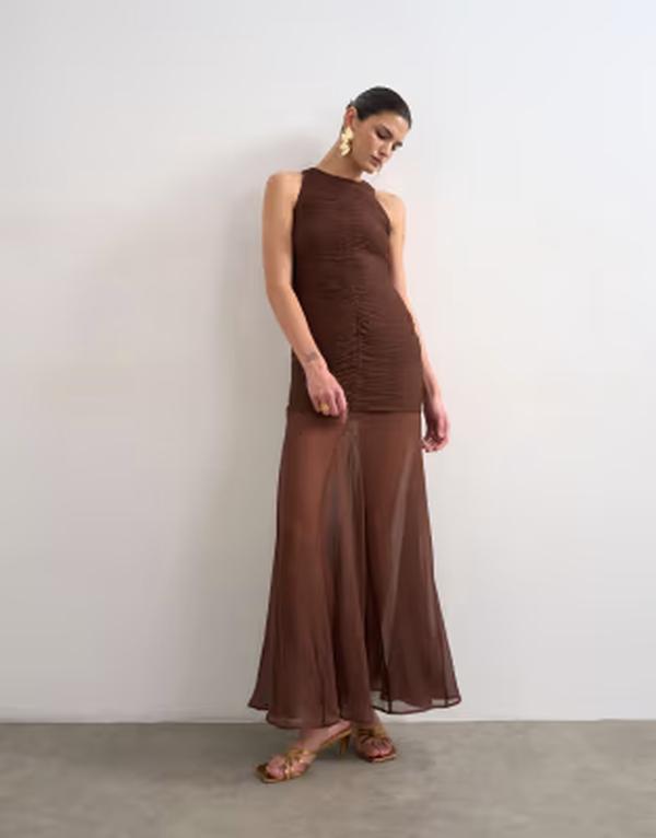 とっ始め販売店 レディース トップス 衣装 ハイネック 筋目 繻子 マキシ Topshop satin high neck pleatedropped waist maxi dress インチ chocolate 黒茶