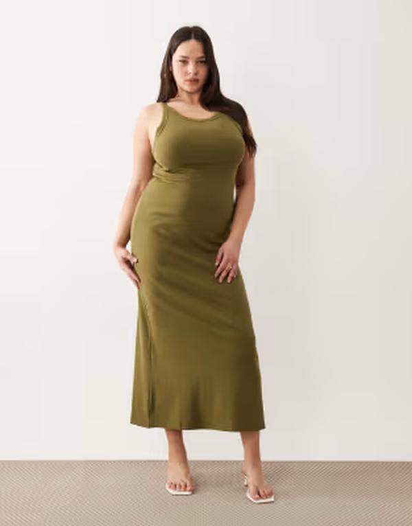 エイソス レディース トップス ワンピース リブ ミディ ASOS Curve ASOS DESIGN Curve ribbed tank midi dress OLIVE オリーブ|ReVida 店