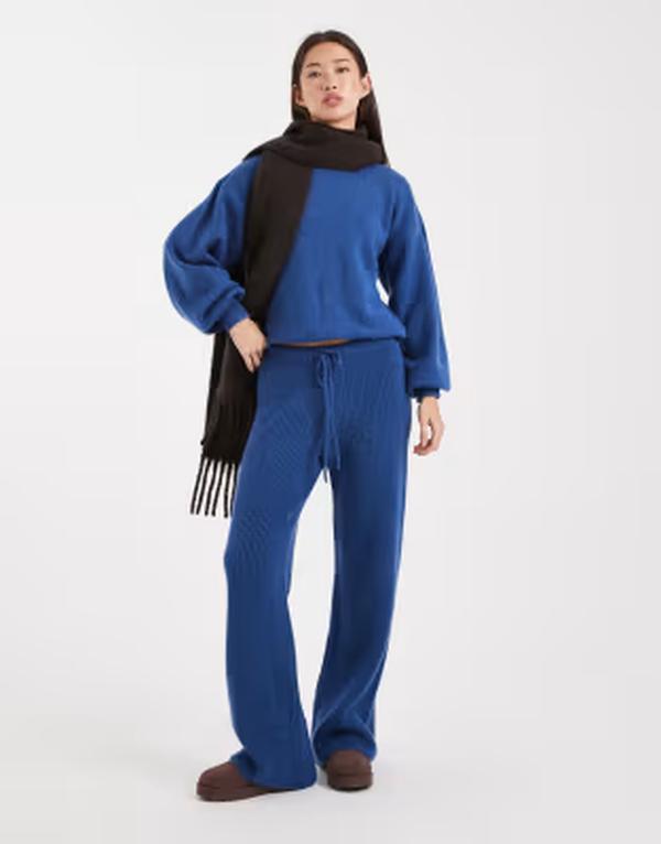エイソス レディース ボトムス 心地好いズボン下 リブニット ワイドレッグ 編み物 ASOS DESIGN rib knit wide leg pants インチ dark blue - part of a set Dark Blue 青み