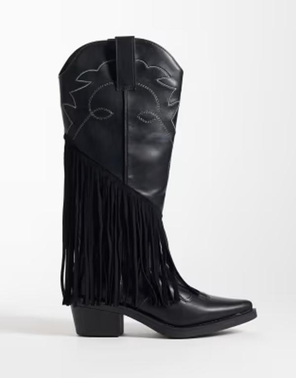 グラマラス レディース シューズ ブーツ・レインブーツ フリンジ Glamorous fringe trim cowboy knee boots Black 黒いこと
