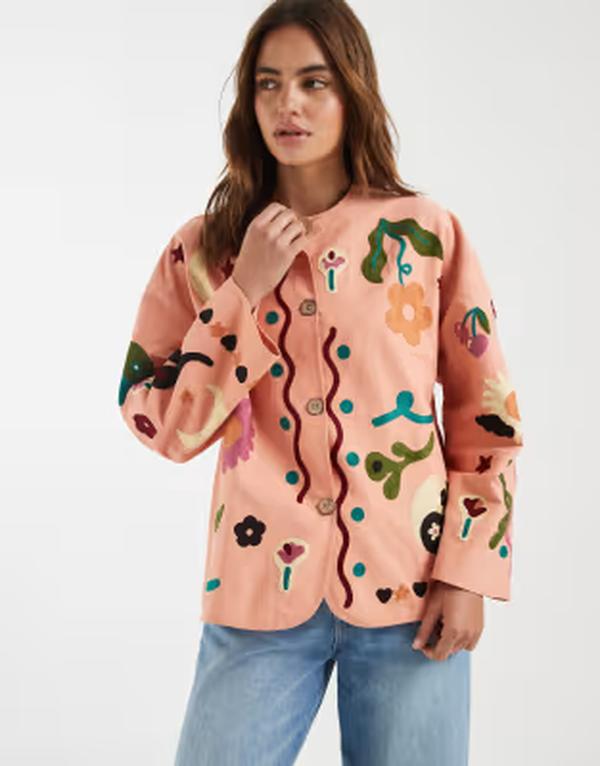 エイソス レディース アウター 上衣・上衣 刺しゅう ASOS DESIGN embroidered collarless jacket インチ peach 桃