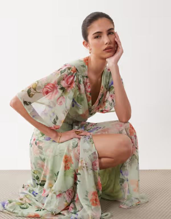 ホープ＆アイビー レディース トップス ワンピース フラワー柄 プリント マキシ フラワー Hope & Ivy flutter sleeve maxi wrap dress with tie waist in mint green floral print Mint green floral グリーン｜ReVida 店