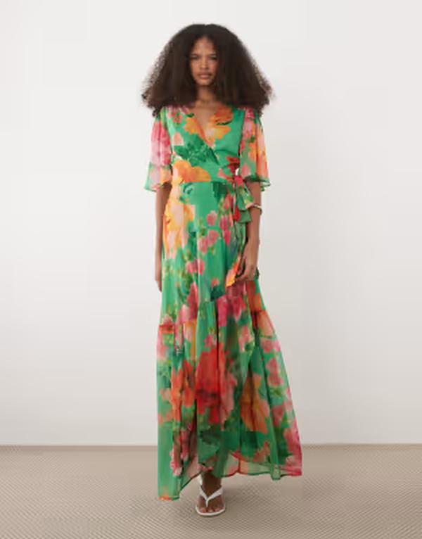 頼み所＆アイビー レディース トップス 衣裳 お花柄 マキシ お花 Hope \u0026 Ivy flutter sleeve maxi wrap dress with tie waist floral Green multi 緑であること