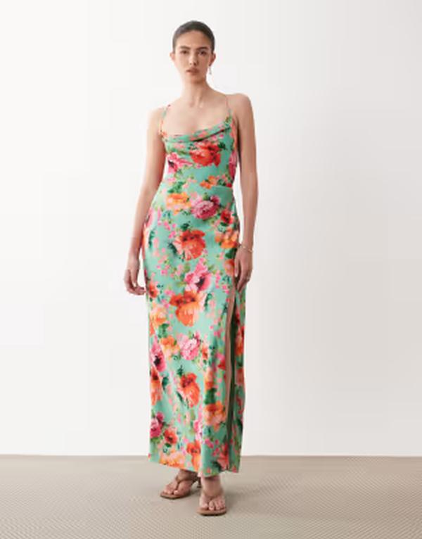 頼み所＆アイビー レディース トップス 衣裳 お花柄 刷り上げる 繻子 マキシ お花 Hope \u0026 Ivy satin cami maxi dress floral print Green floral 緑であること