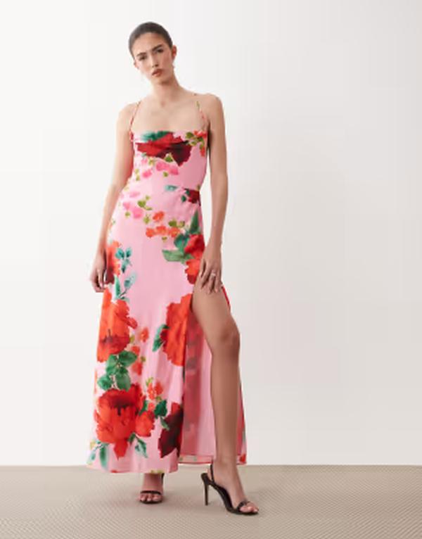 頼み所＆アイビー レディース トップス 衣裳 お花柄 刷り上げる 繻子 マキシ お花 Hope \u0026 Ivy satin cami maxi dress floral print Pink floral サクラ色