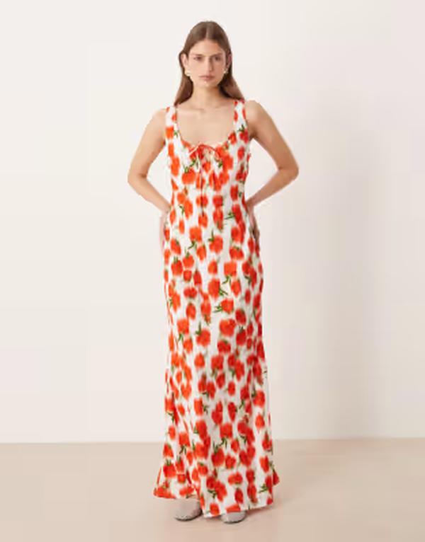エイソス レディース トップス 衣装 刷り上げる midi ASOS DESIGN scoop neck tie front MIDI dress インチ blurred rose print BLURRED ROSE PRINT