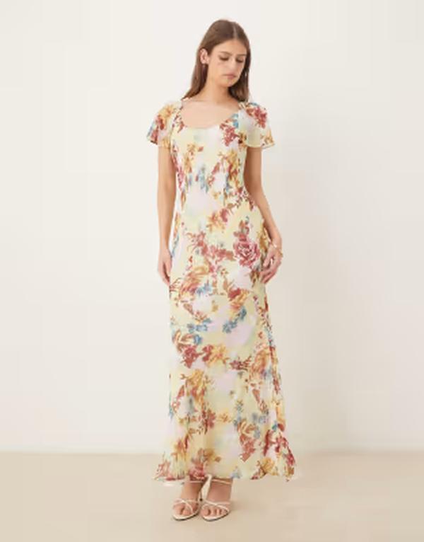 エイソス レディース トップス 衣装 御花柄 フラウンス マキシ 御花 ASOS DESIGN ruffle sleeve scoop bias maxi dress floral Green floral 緑であること