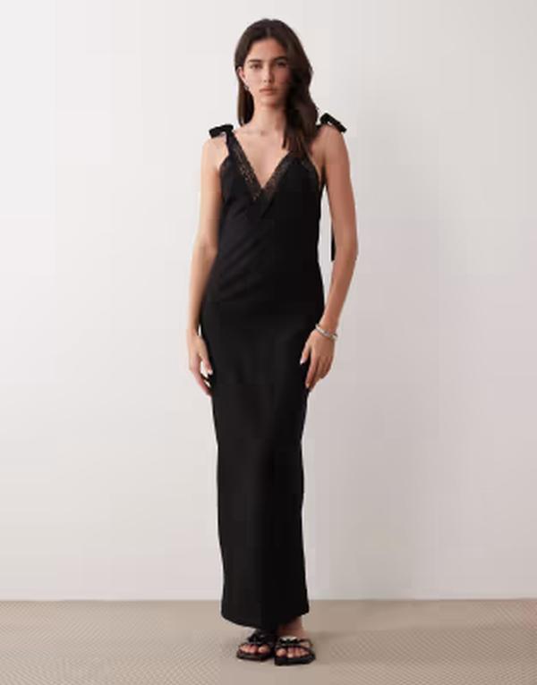 エイソス レディース トップス ワンピース レーストリム レース マキシ ASOS DESIGN slip maxi dress with lace trim and ties Black ブラック｜ReVida 店