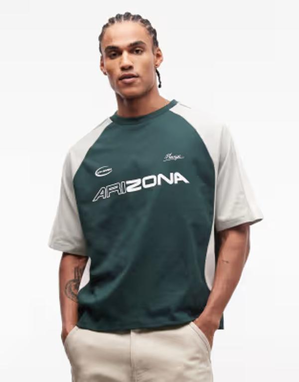 エイソス メンズ トップス Tシャツ グラフィック ASOS DESIGN boxy oversized t-shirt with cut and sew paneling and sports graphicscarab グリーン