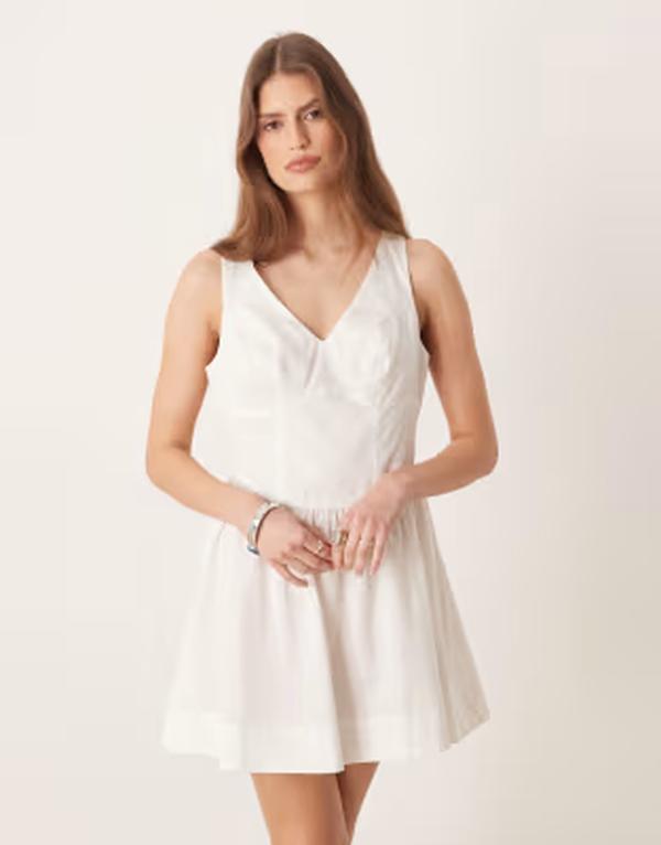 エイソス レディース トップス 衣装 V素っ首 ミニ ASOS DESIGN waisted v neck mini dress with seaming details インチ ecru エクリュ