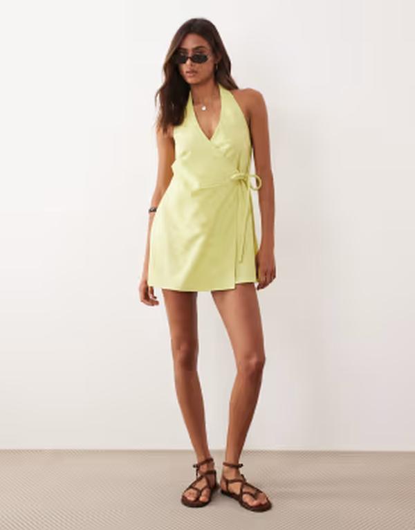 エイソス レディース トップス 衣装 ミニ 綿織物 リネン ホルター ASOS DESIGN cotton-linen blend halter neck wrap mini sundress インチ pistachio