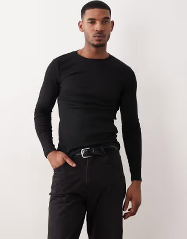 エイソス メンズ トップス ティーシャツ ASOS DESIGN essentials muscle fit long sleeve T-shirt riblack 黒いこと