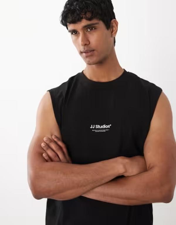 手玉 アンド ジョーンズ メンズ トップス ティーシャツ ロゴタイプ Jack \u0026 Jones tank top with front logo Black 黒いこと メンズファッション-トップス